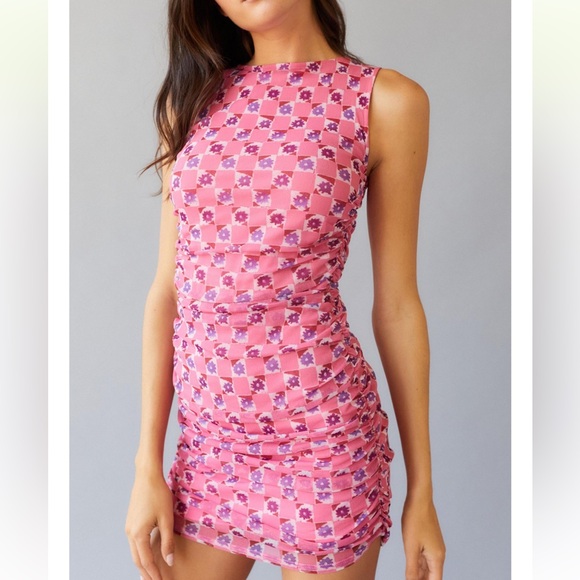 Urban Outfitters Austin Mesh Sleeveless Mini Dress Pink Floral - Picture 3 of 9